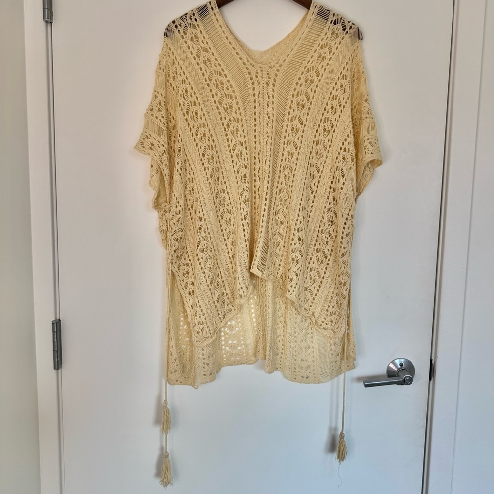 One Size Harhay Cream Crochet Lace Swim Cover Up Tassels Festival Swim Poolside